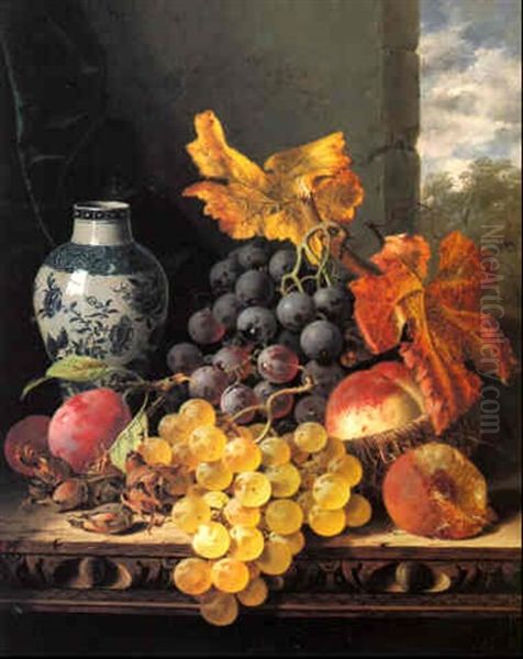 Still Life With Fruit, Cobnuts And An Oriental Vase On A Carved Ledge Oil Painting by Edward Ladell