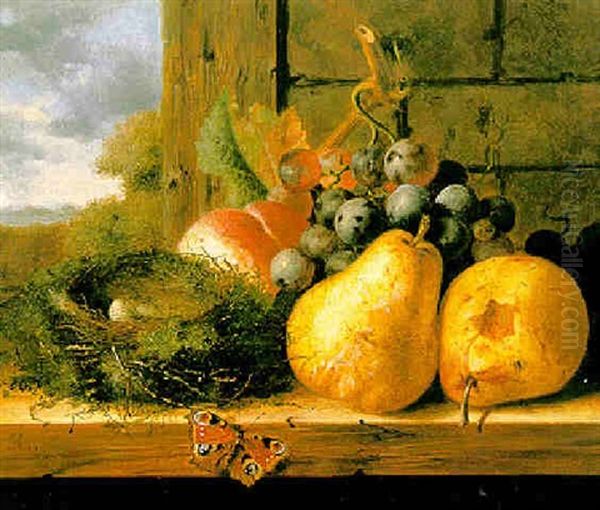 Still Life With Fruit, Birds Nest And A Butterfly Oil Painting by Edward Ladell