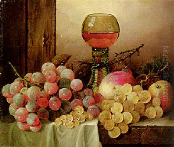 Grapes, White Currants, Plums, A Peach And An Apple With A Hock Glass On A Draped Ledge Oil Painting by Edward Ladell