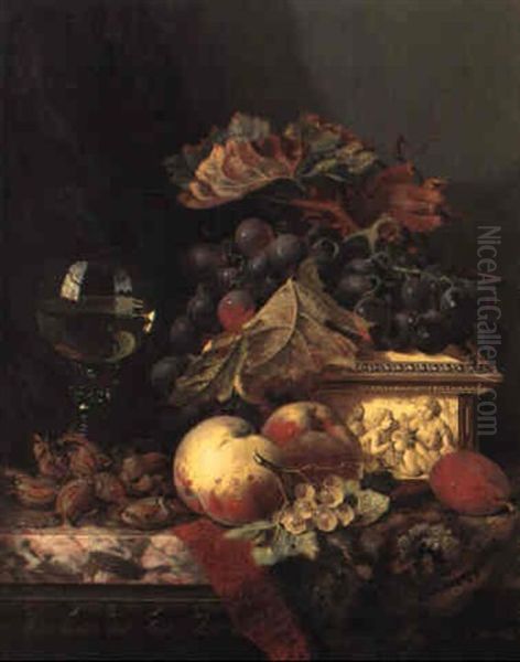 Black Grapes On A Carved Ivory Box With Fruits And Nuts On A Marble Ledge Oil Painting by Edward Ladell