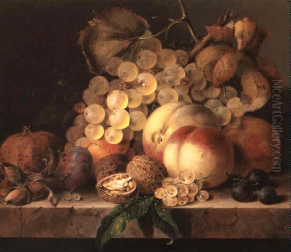 Pears, Grapes, A Bird's Nest, An Apple And A Butterfly On A Wooden Ledge Oil Painting by Edward Ladell