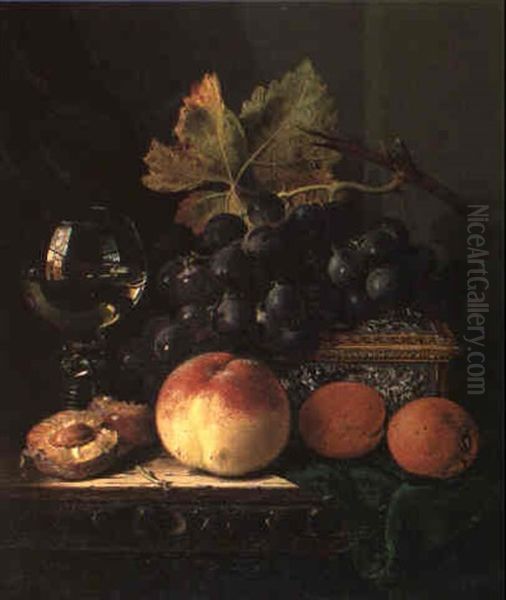 A Peach, Plums, Black Grapes, A Wine Glass And A Casket On A Wooden Ledge Oil Painting by Edward Ladell