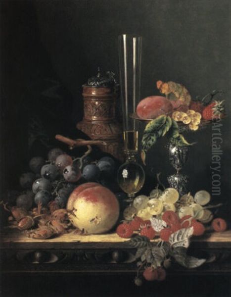 Grapes, Hazelnuts, A Peach, Raspberries, A Wine Flute, A Flagon...on A Ledge Oil Painting by Edward Ladell