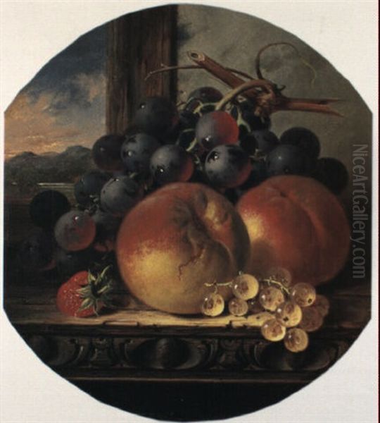 Black Grapes, Peaches, A Strawberry And White Currants On A Wooden Ledge Oil Painting by Edward Ladell