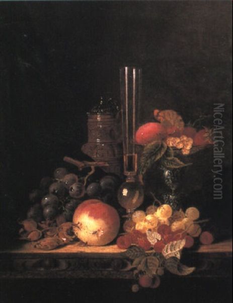 A Gilt Jug, Wine Glass And Fruit On A Table Oil Painting by Edward Ladell