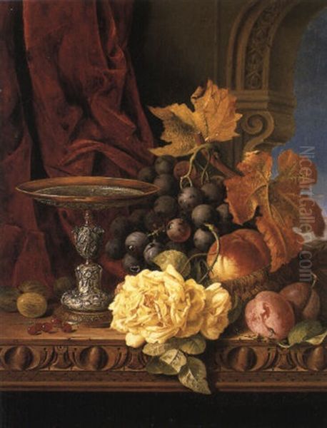 Still Life Of Fruit And Silver Tazza On Ledge Oil Painting by Edward Ladell