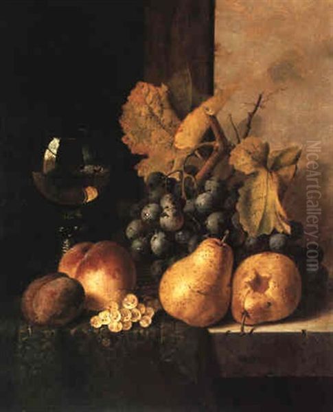 Still Life With Pears, Grapes And Other Fruit With A Wine Glass Oil Painting by Edward Ladell