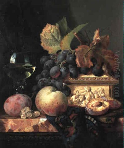 Still Life With Fruit And A Wine Glass Beside A Casket Oil Painting by Edward Ladell