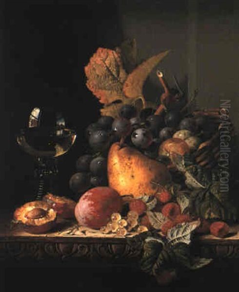 Fruit Still Life With Glass On Wooden Ledge Oil Painting by Edward Ladell