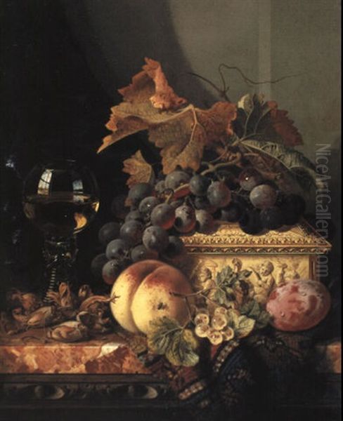 Still Life With Grapes, Whitecurrants, Nuts, A Plum, A      Peach, A Casket And A Wine Glass Oil Painting by Edward Ladell