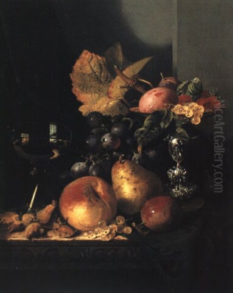 Still Life With Fruit, A Wine Glass And A Silver Tazza Oil Painting by Edward Ladell