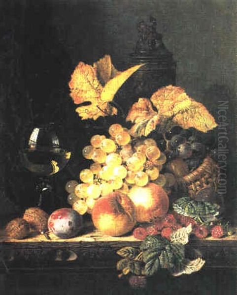 Still Life With Grapes, Peaches, Plums, Walnuts And         Raspberries By A Wine Glass And Stein On A Table Oil Painting by Edward Ladell