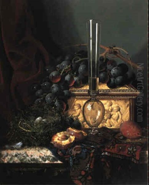 Fruit And Quail's Eggs In A Nest By A Wine Flute In Front Of An Ivory Casket Oil Painting by Edward Ladell