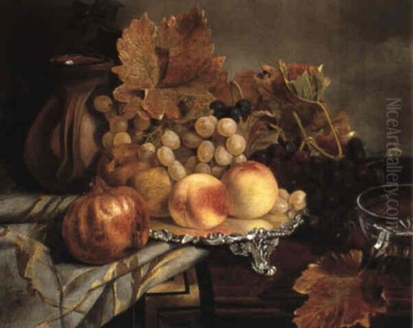 Still Life Of Grapes, Peaches, Pears And A Pomegranate Oil Painting by Edward Ladell