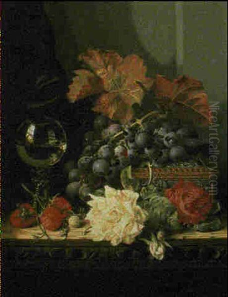 Still Life Of Grapes, Roses, Strawberries, A Wine Glass And A Casket On A Wooden Ledge Oil Painting by Edward Ladell