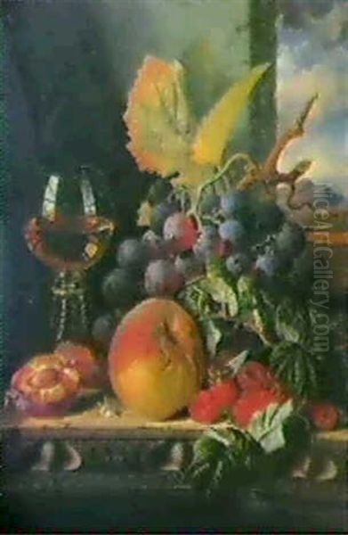 Still Life With Grapes, Raspberries, Peaches And A Glass On A Ledge, Showing A Landscape Beyond Oil Painting by Edward Ladell