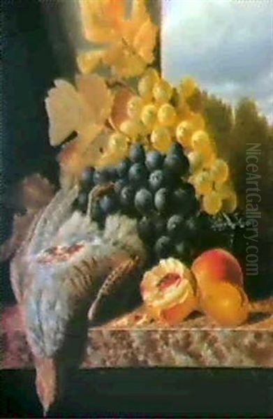 A Partridge, With Grapes, Peaches, And A Plum On A Marble   Ledge Oil Painting by Edward Ladell