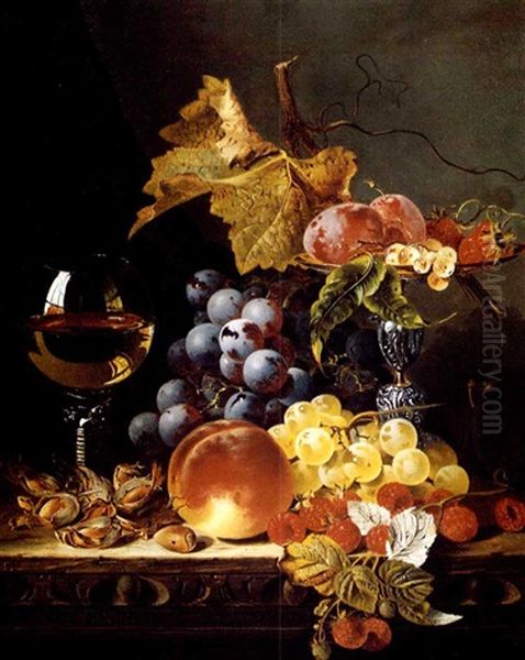 Grapes, Plums, Whitecurrants, Strawberries, Raspberries     A Peach And Hazelnuts With A Glass Of Wine On A Wooden Ledge Oil Painting by Edward Ladell