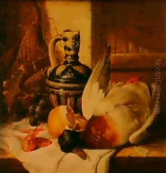 A Mallard, A Jug, A Peeled Lemon, Grapes And Shrimps On A   Draped Ledge Oil Painting by Edward Ladell