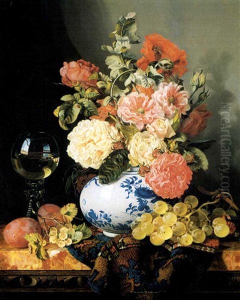 Poppies And Roses In A Chinesevase, With Fruit, A Glass Of  Wine And An Oriental Rug On A Marble Topped Table Oil Painting by Edward Ladell