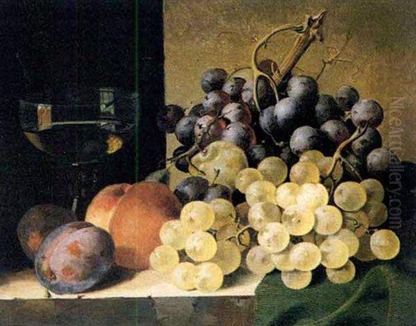 A Peach, Grapes, Plums And A Glass Of Wine On A Draped Ledge Oil Painting by Edward Ladell