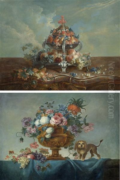 Pair Of Works: Still Life Of Flowers With Dog And A Still Life With Fruits Oil Painting by Jean-Marc Ladey