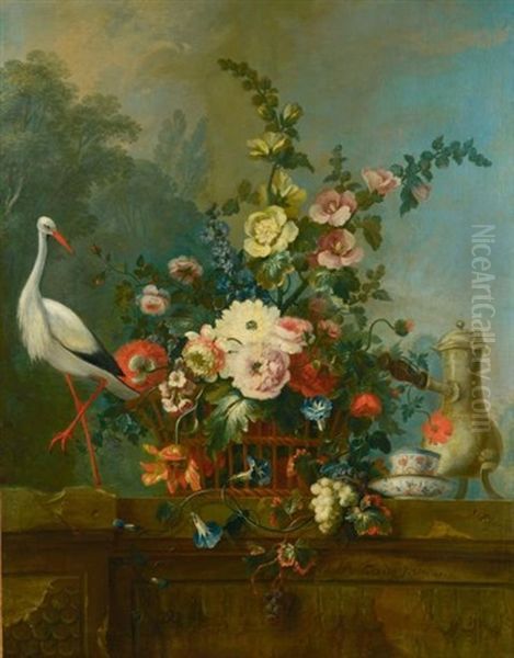 Nature Morte De Fleurs, Et Une Cigogne Oil Painting by Jean-Marc Ladey