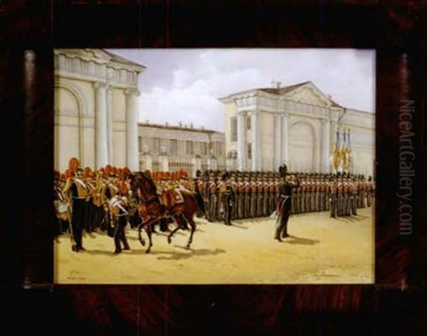 Military Review At Anichkov Palace Oil Painting by Adolphe Ignatievich Ladurner