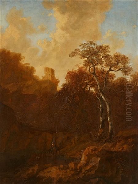 Southern Landscape With Ruins And Travellers Oil Painting by Reynier Van Der Laeck