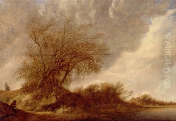 An Extensive River Landscape With Figures By A Wooded Dune Oil Painting by Reynier Van Der Laeck