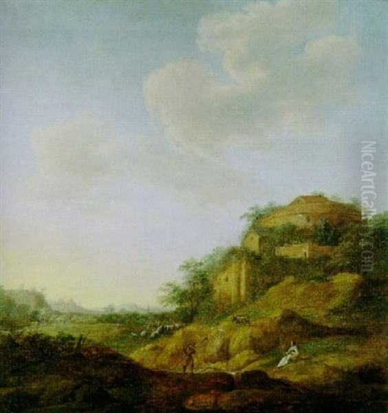 Sudliche Landschaft Mit Einem Schaferpaar by Reynier Van Der Laeck