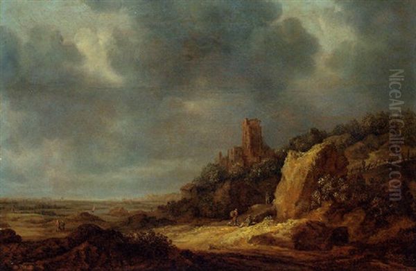 An Extensive Dune Landscape With A Ruined Castle On A Hill And Travellers On A Path Oil Painting by Reynier Van Der Laeck