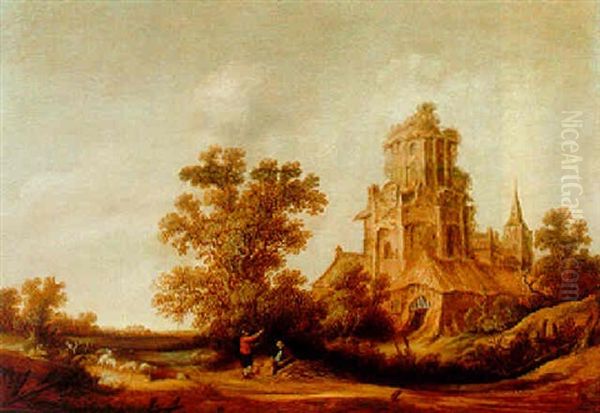 A Dune Landscape With Shepherds And Their Herds By A Ruined Tower Oil Painting by Reynier Van Der Laeck