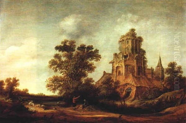 Dunenlandschaft Mit Einer Ruine Bei Einem Dorf Oil Painting by Reynier Van Der Laeck