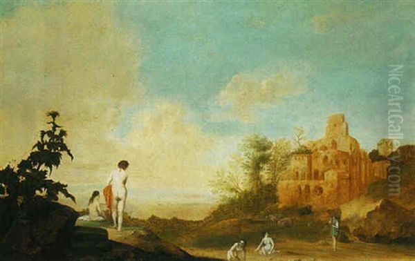 Landscape With Italianate Ruins And Figures Bathing Oil Painting by Reynier Van Der Laeck