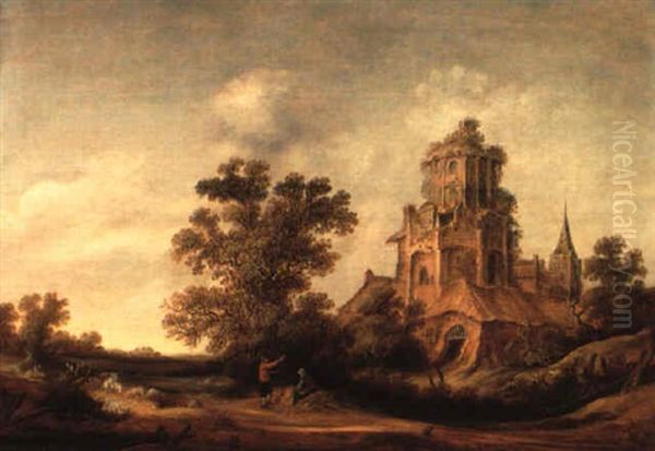 Dunenlandschaft Mit Einer Ruine Bei Einem Dorf Oil Painting by Reynier Van Der Laeck