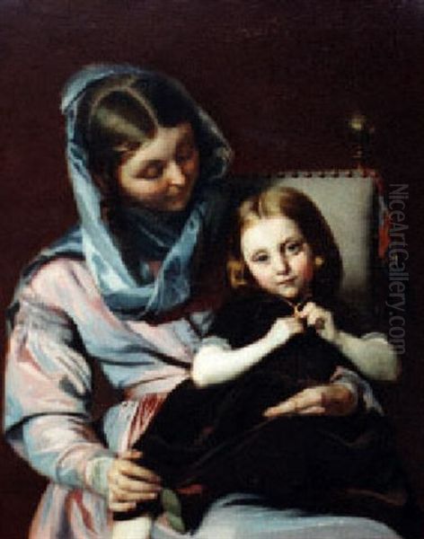 Mother And Daughter Oil Painting by Alexandre (Lammlein) Laemlein