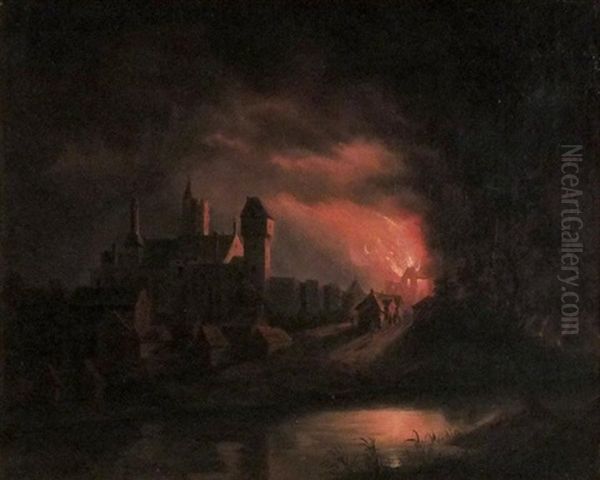 L'incendie Pres Du Chateau De Creully Oil Painting by Dirk (Thiery) Jan van der Laen