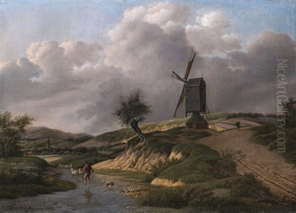 Landschaft Mit Windmuhle Und Einem Hirten Mit Seiner Schafherde Im Bachlauf Oil Painting by Dirk (Thiery) Jan van der Laen