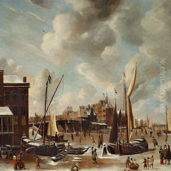 A View At The Nieuwe Brug And The Paalhuis In Amsterdam Oil Painting by Abraham Beerstraaten