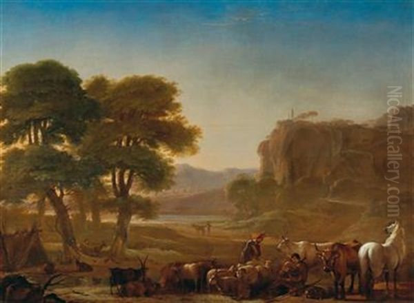 A View Of The Roman Campagna With Shepherds Resting With Their Livestock Oil Painting by Pieter Jacobsz. van Laer