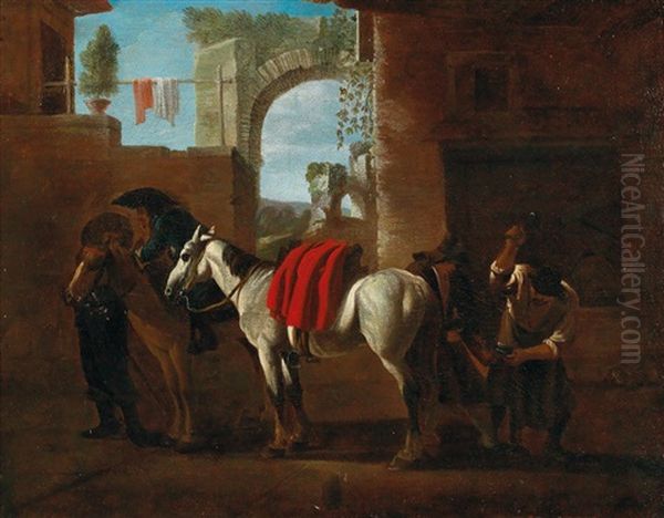 Horses At A Blacksmith Oil Painting by Pieter Jacobsz. van Laer