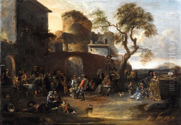 Peasants Celebrating In A Village Oil Painting by Pieter Jacobsz. van Laer