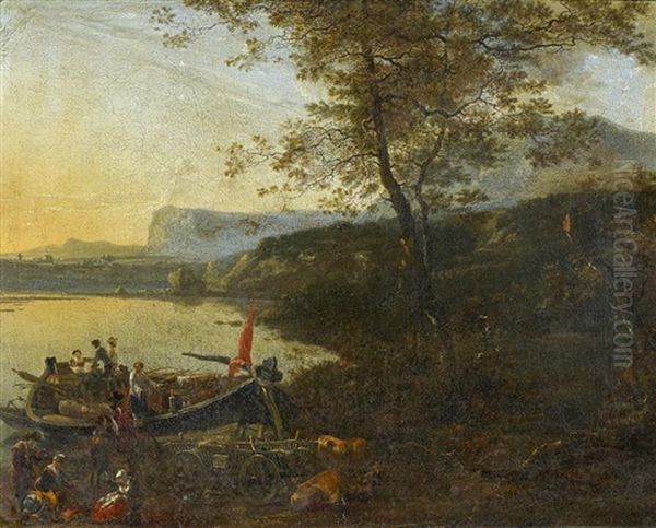 Flusslandschaft Im Abendlicht Oil Painting by Pieter Jacobsz. van Laer