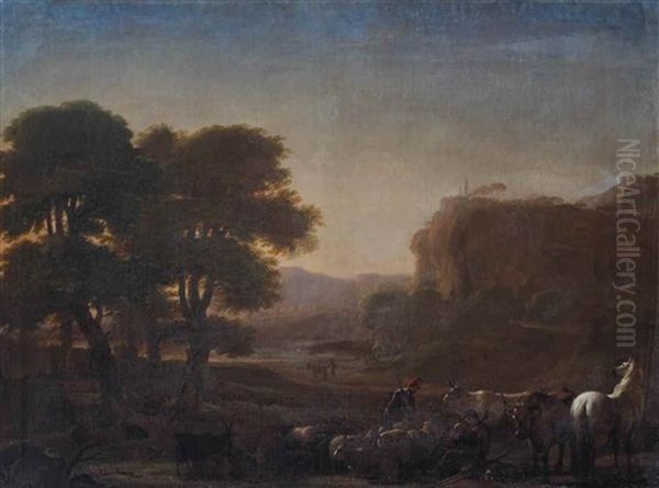 A View Of The Roman Campagna With Shepherds Resting With Their Herd, A Village On A Rocky Riverbank Beyond Oil Painting by Pieter Jacobsz. van Laer