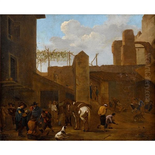 Townscape With Figures At Leisure Oil Painting by Pieter Jacobsz. van Laer