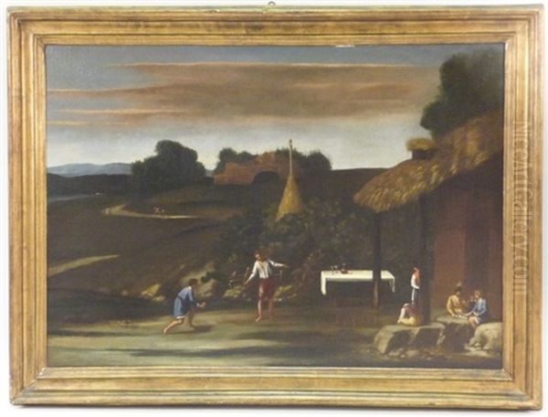 Paesaggio Con Scena Di Genere Raffigurante Un Gruppo Di Persone Intente Nel Gioco Delle Carte E Dei Birilli Oil Painting by Pieter Jacobsz. van Laer