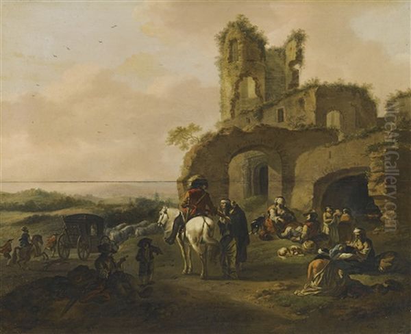 An Italianate Landscape With Travellers Resting Beside Ruins Oil Painting by Pieter Jacobsz. van Laer