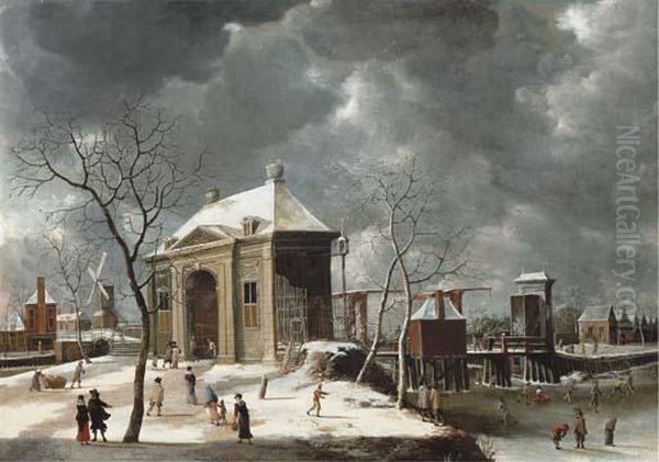 The Heiligewegspoort, From The North-west, With Skaters On Thefrozen Canal Oil Painting by Abraham Beerstraaten