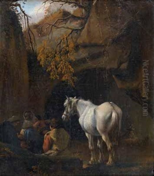 Le Repos Avec Un Cheval Pres De La Grotte Oil Painting by Pieter Jacobsz. van Laer